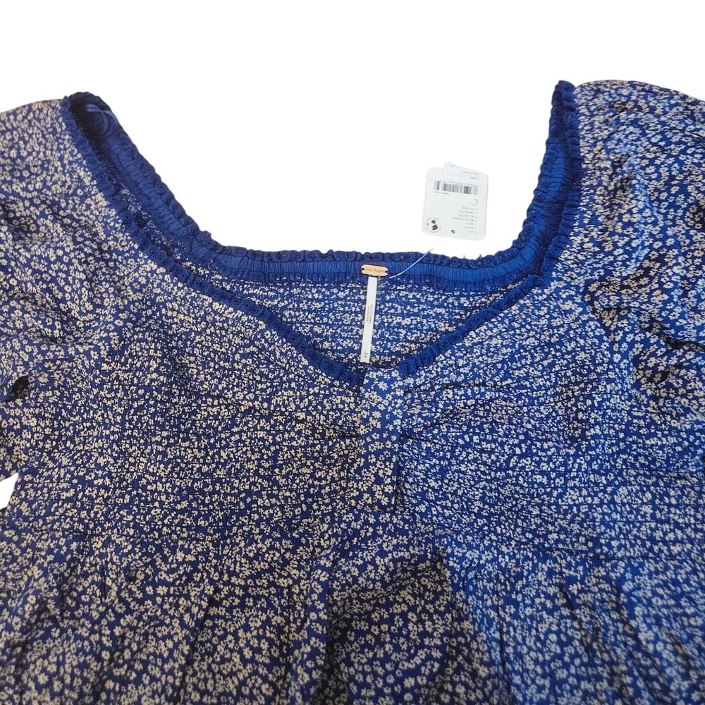 Free People Women's Blue Combo Floral‎ Print Square Neck Peplum Top Blouse L - Picture 2 of 4